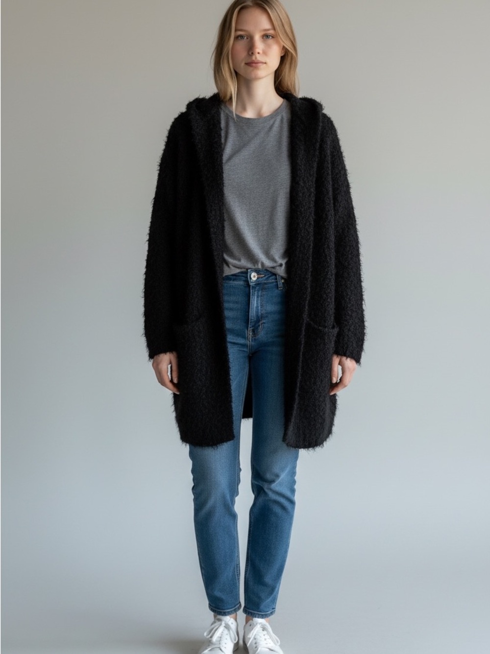 Cozy Hooded Open-Front Hooded Cardigan EUC